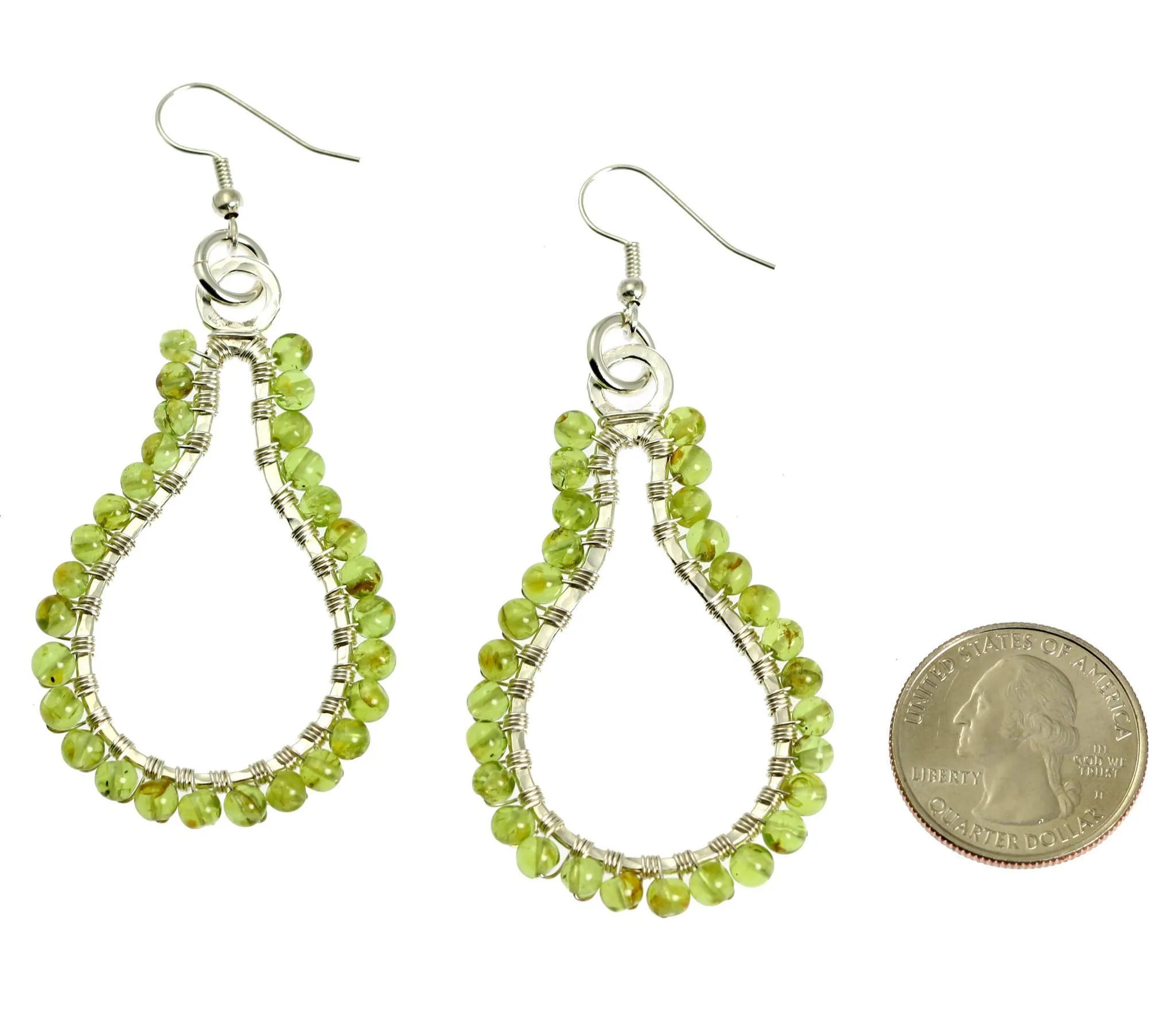 Hammered Fine Silver Wire Wrapped Drop Earrings with Peridot