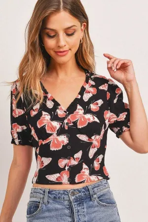 Hot Girl Butterfly Effect Buttoned Smocked Waist Short Sleeve Top In Black