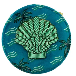 Jewellery travel pot in teal palm print with mint shell brooch