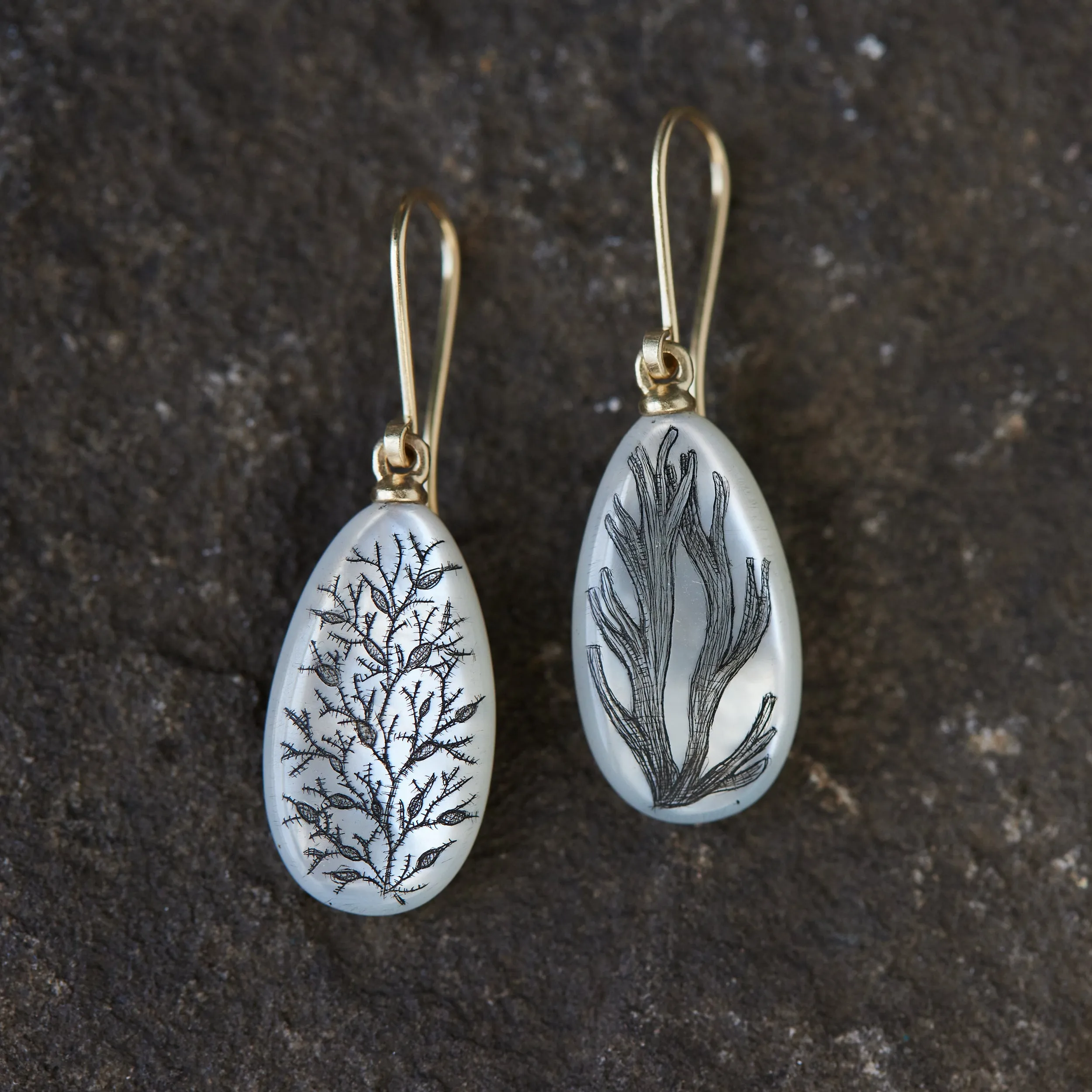 Kelp Forest Mother of Pearl Scrimshaw Earrings