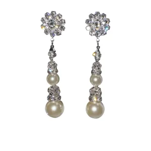 Long diamond and pearl drop earrings