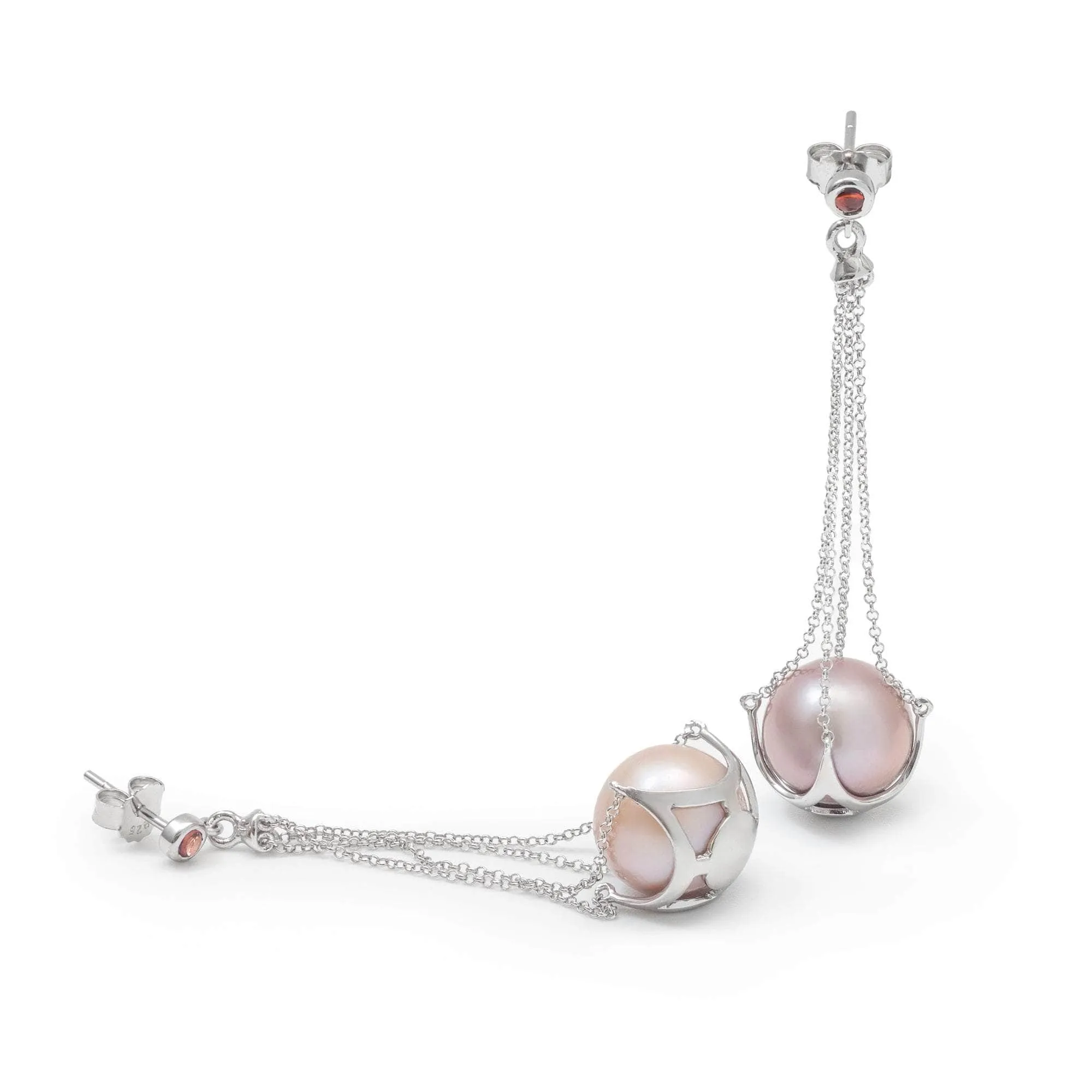 Lune Purple Pearl and Dark Orange Sapphire Earrings (White Rhodium)