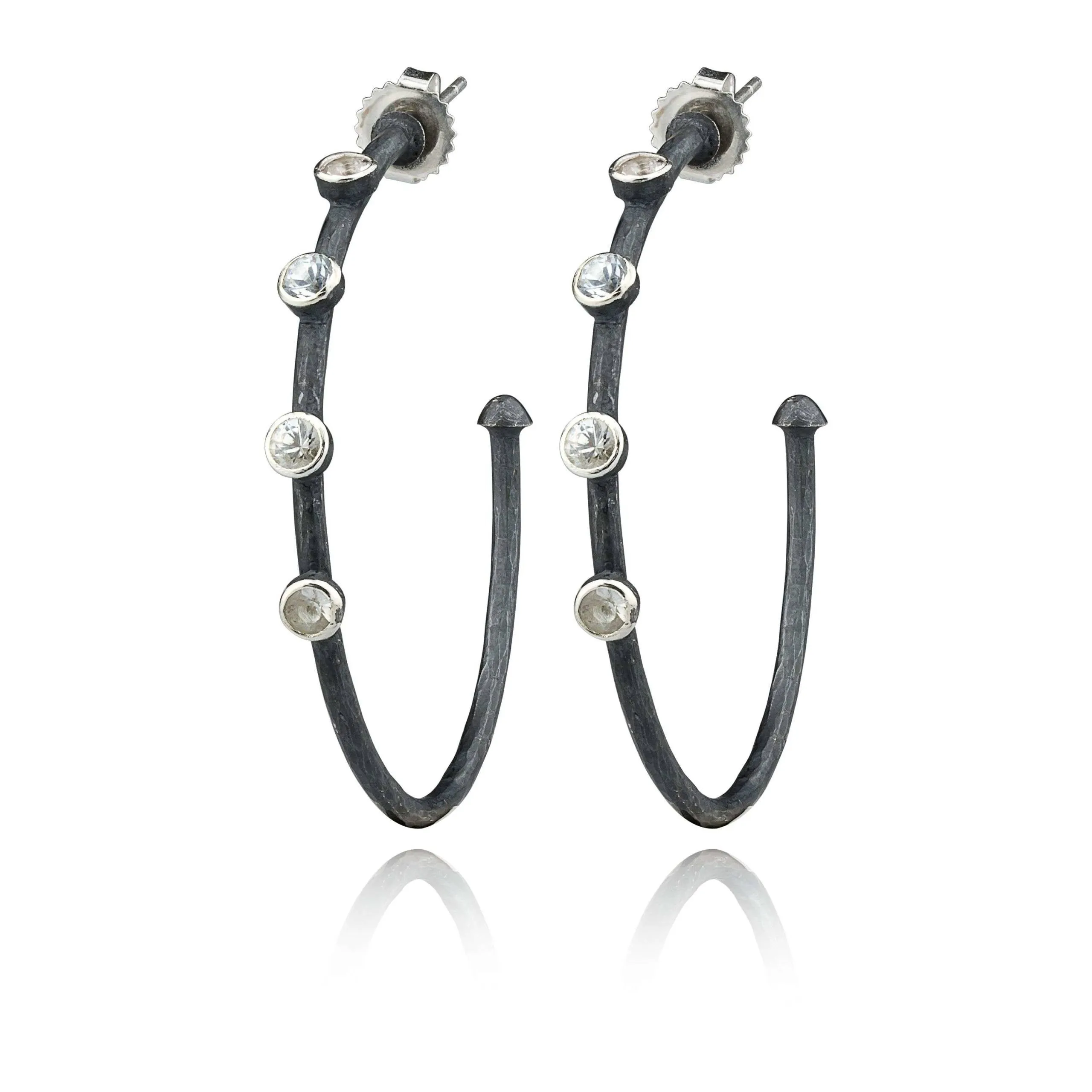 Medium Oxidized Sterling Silver Hoop Earrings with White Sapphires