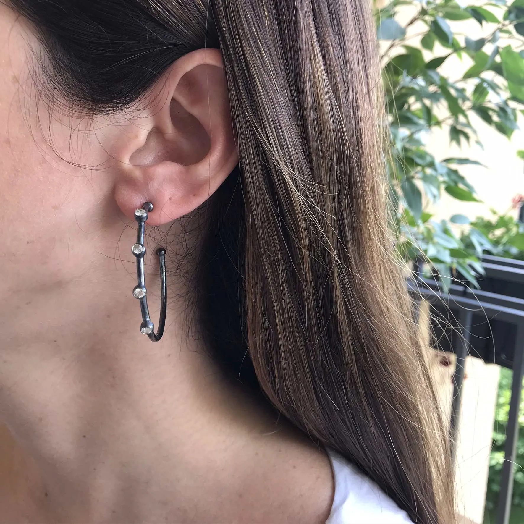 Medium Oxidized Sterling Silver Hoop Earrings with White Sapphires