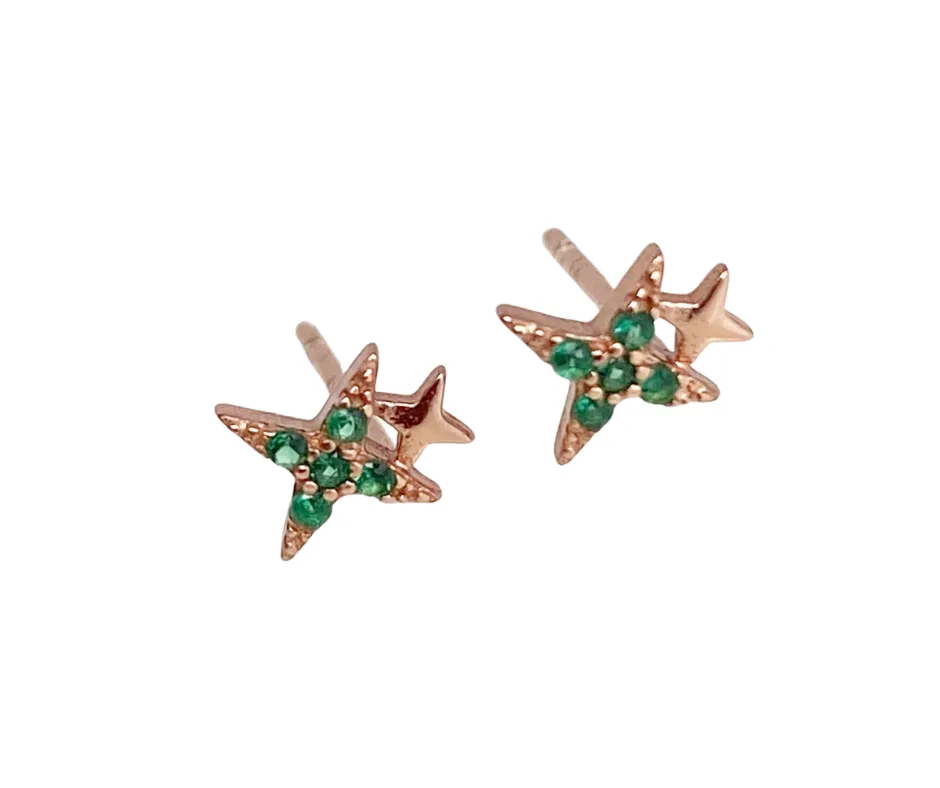 Mila Double Star Stud Earrings - Emerald