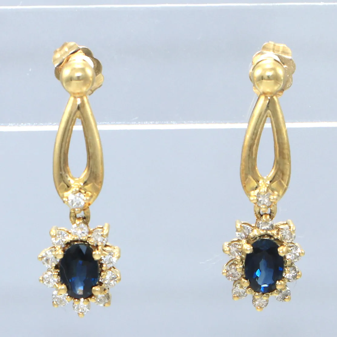 Modern 14k Yellow Gold .86ct Sapphire .44ct Diamond Halo Drop Dangle Earrings