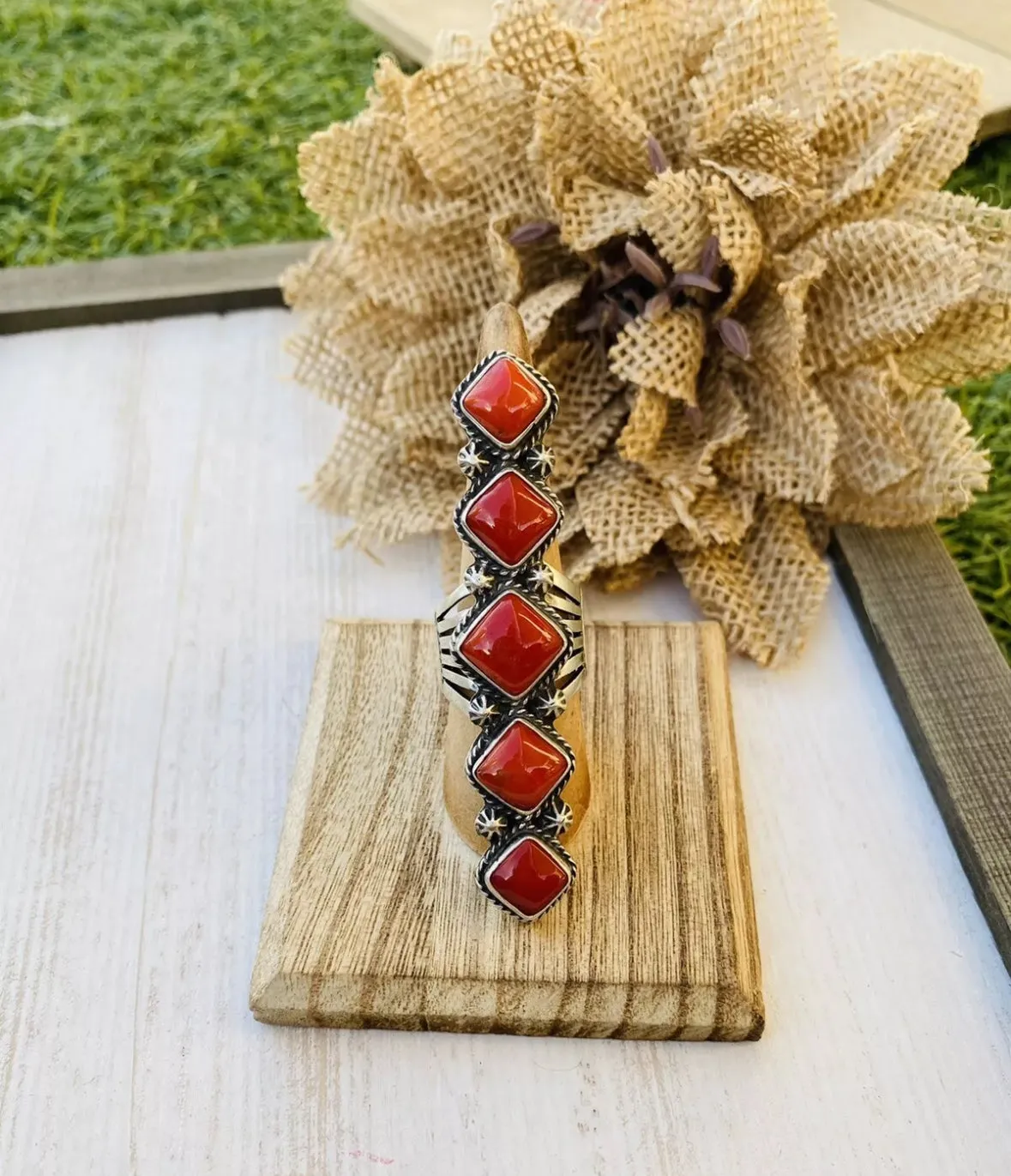 Navajo Coral & Sterling Silver Statement Ring Size 8