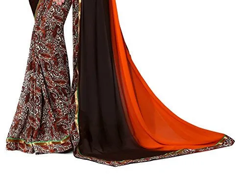 Oomph! Georgette Saree With Printed Border and Printed Blouse (Ombre (Fire Orange)