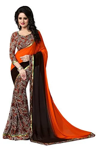 Oomph! Georgette Saree With Printed Border and Printed Blouse (Ombre (Fire Orange)