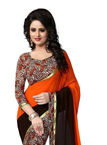 Oomph! Georgette Saree With Printed Border and Printed Blouse (Ombre (Fire Orange)