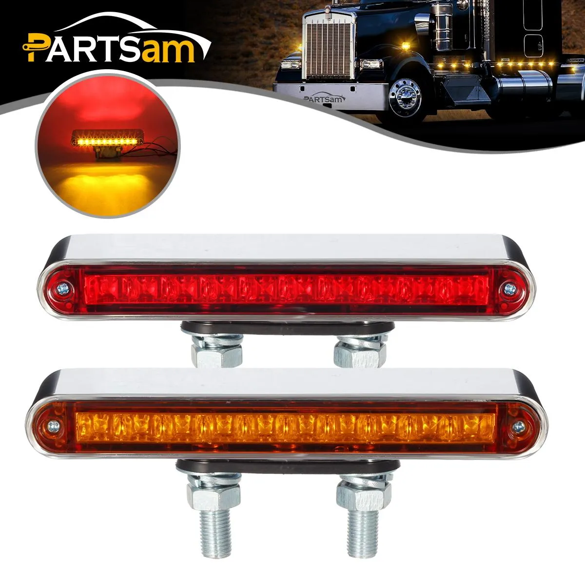 Partsam 2Pcs 6.5inch Red / Amber LED Combo Double Face Truck Semi Trailer Light Bars 10LED Waterproof with Double Studs Sealed Truck Trailer Led Pedestal Turn Signal Stop Tail Marker Clearance Lights 12V