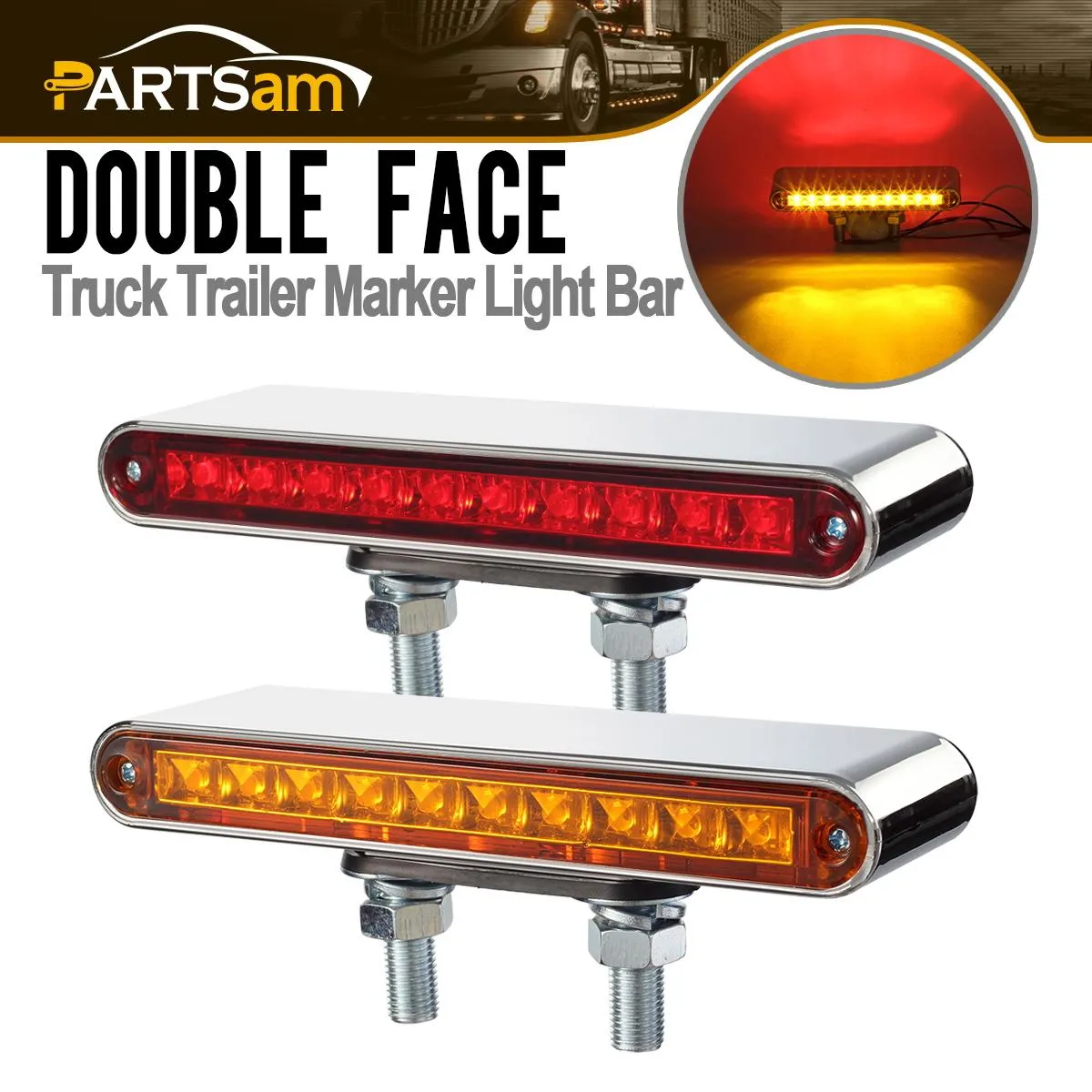 Partsam 2Pcs 6.5inch Red / Amber LED Combo Double Face Truck Semi Trailer Light Bars 10LED Waterproof with Double Studs Sealed Truck Trailer Led Pedestal Turn Signal Stop Tail Marker Clearance Lights 12V