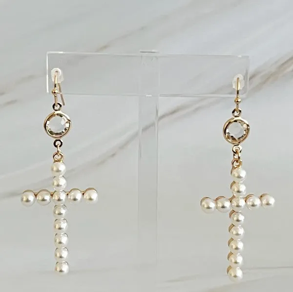 Pearl Cross Dangle Earrings