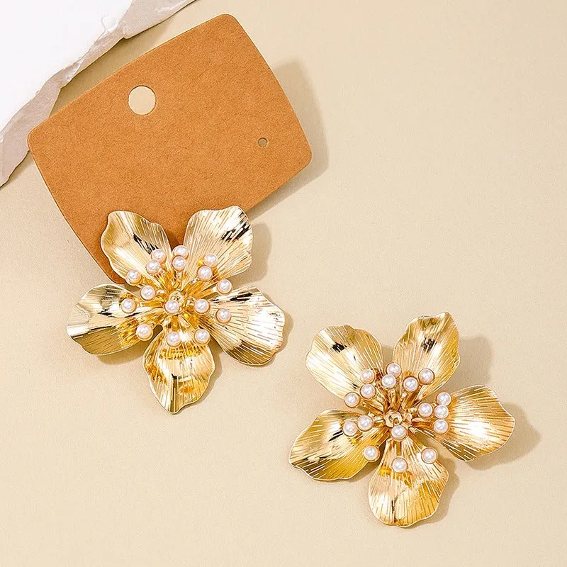 Pre Order:  Exaggerated Retro Flower Pearl Earrings