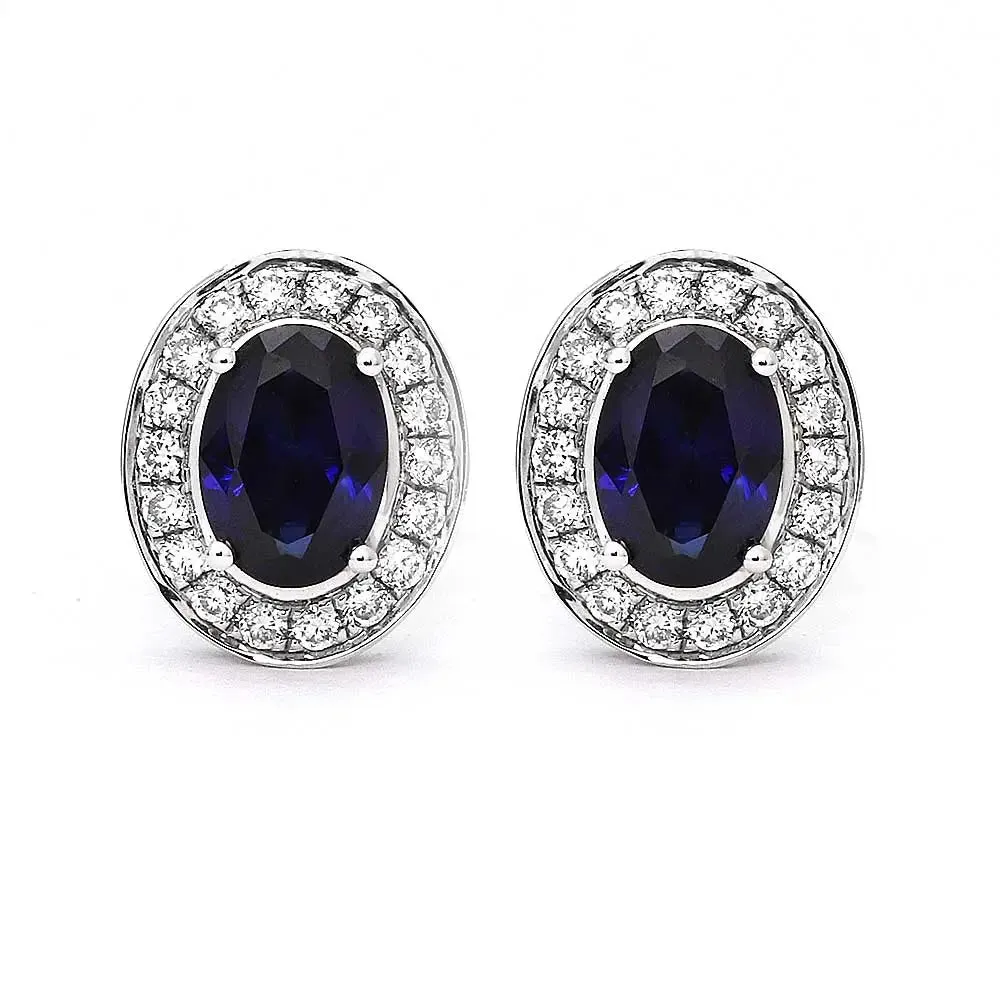 Ready Made | 1 Carat Intense Blue Oval Lab Grown Sapphire with Halo Stud Earrings in 18K White Gold