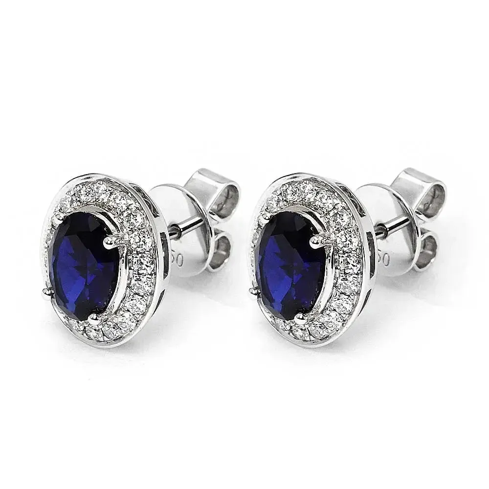 Ready Made | 1 Carat Intense Blue Oval Lab Grown Sapphire with Halo Stud Earrings in 18K White Gold