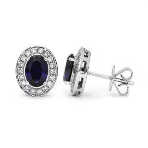 Ready Made | 1 Carat Intense Blue Oval Lab Grown Sapphire with Halo Stud Earrings in 18K White Gold