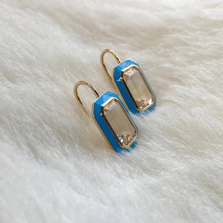 Rock Crystal Emerald-Cut Earrings with Turquoise Enamel