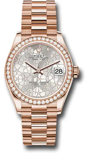 Rolex Everose Gold Datejust 31 Watch - Diamond Bezel - Silver Floral Motif Diamond Dial - President Bracelet 278285rbr sflomdp