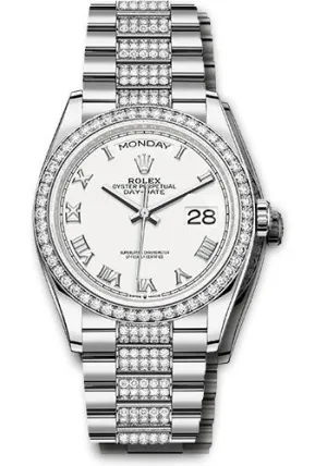 Rolex White Gold Day-Date 36 Watch - Diamond Bezel - White Roman Dial - Diamond President Bracelet - 128349rbr wrdp