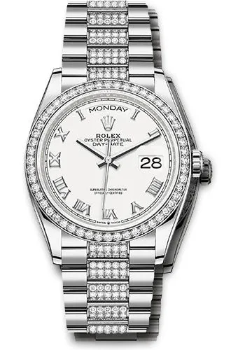 Rolex White Gold Day-Date 36 Watch - Diamond Bezel - White Roman Dial - Diamond President Bracelet - 128349rbr wrdp