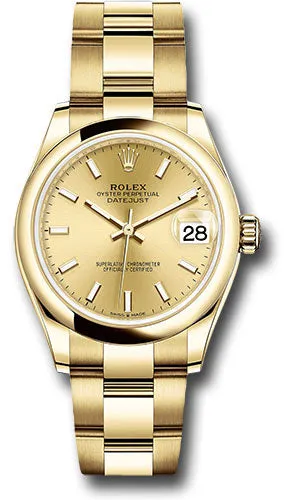 Rolex Yellow Gold Datejust 31 Watch - Domed Bezel - Champagne Index Dial - Oyster Bracelet 278248 chio