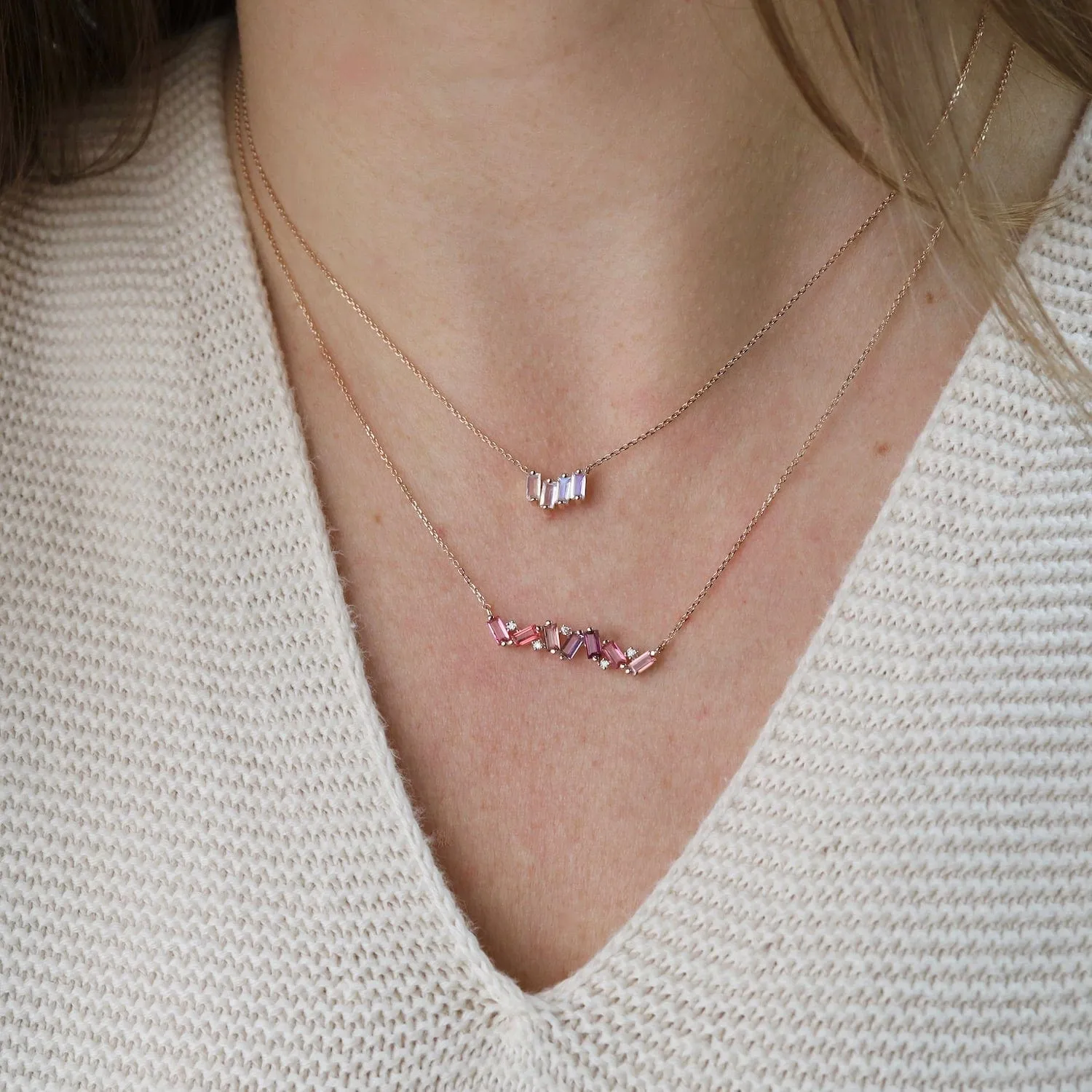 Rose Gold Frenesia Mixed Pink Topaz Bar Necklace