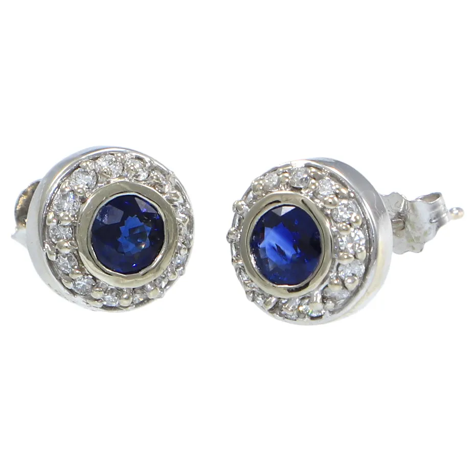 Sapphire Diamond Halo Stud Earrings 10mm Wide Solid 14k White Gold 0.78ctw