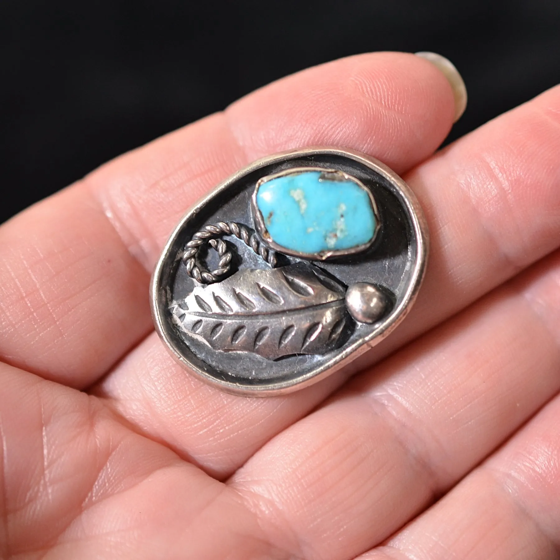 Signed Platero Navajo Old Pawn Sterling Turquoise Brooch, Vintage 70s, 7.7 Grams