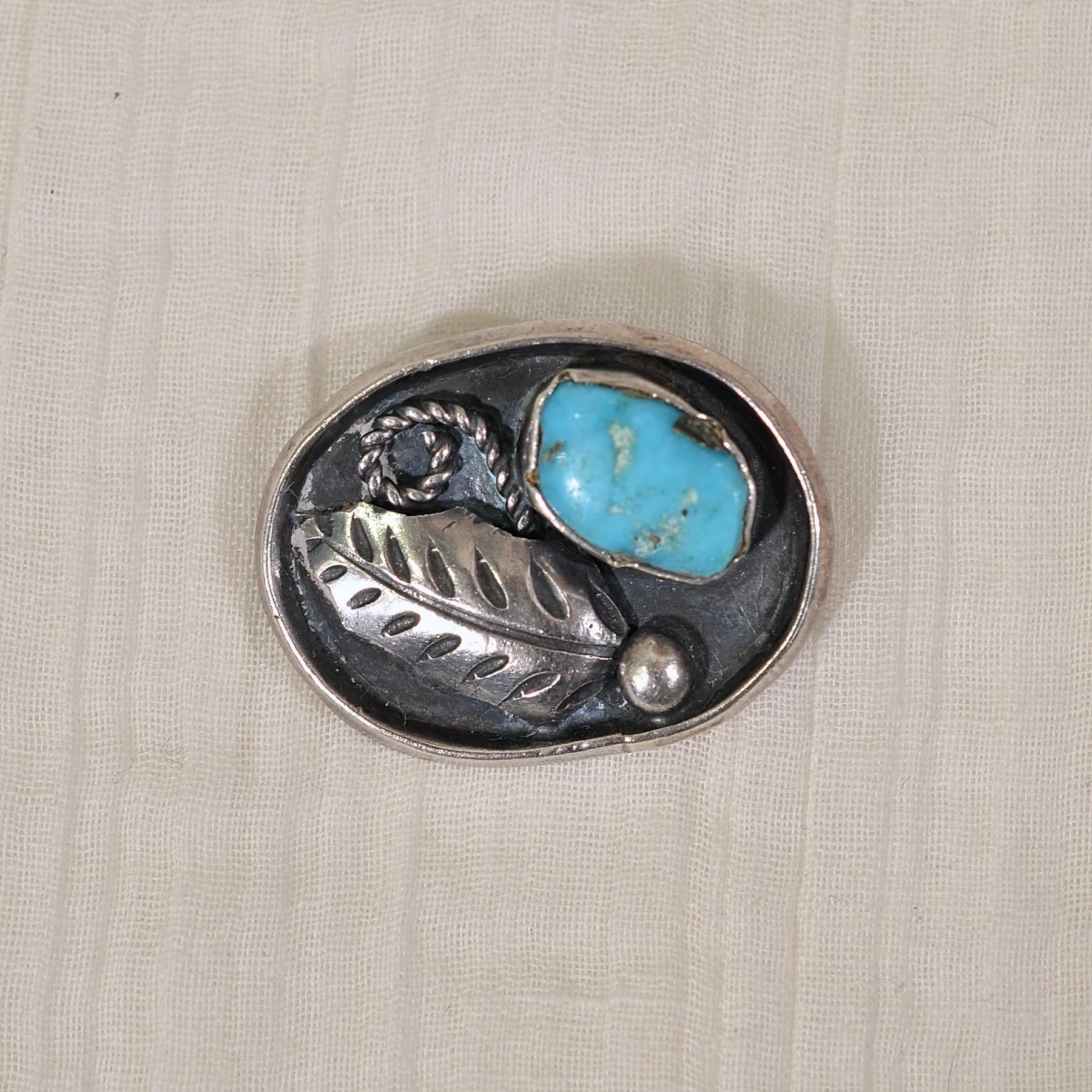 Signed Platero Navajo Old Pawn Sterling Turquoise Brooch, Vintage 70s, 7.7 Grams