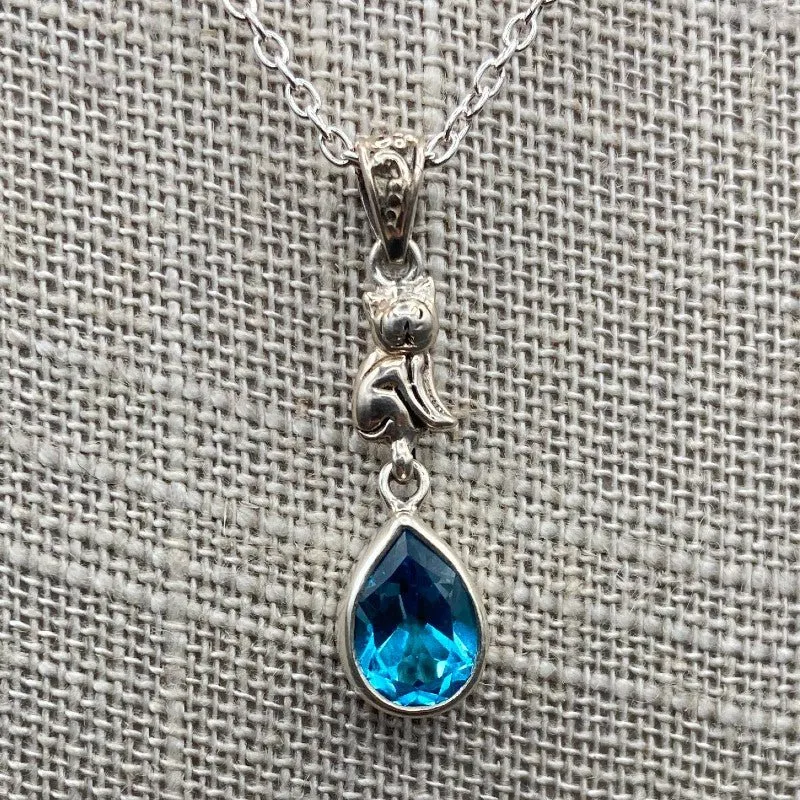 Sterling Silver Cat Blue Topaz Gemstone Necklace