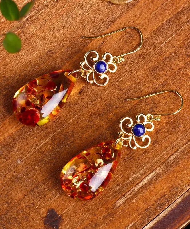 Sterling Silver Overgild Inlaid Gem Stone Amber Drop Earrings