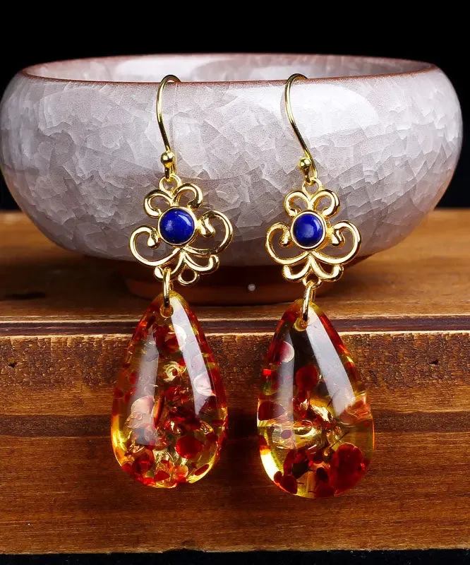 Sterling Silver Overgild Inlaid Gem Stone Amber Drop Earrings