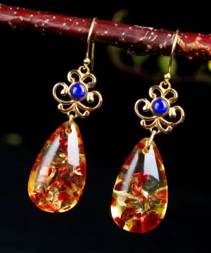 Sterling Silver Overgild Inlaid Gem Stone Amber Drop Earrings