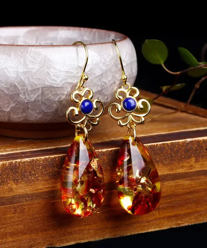 Sterling Silver Overgild Inlaid Gem Stone Amber Drop Earrings