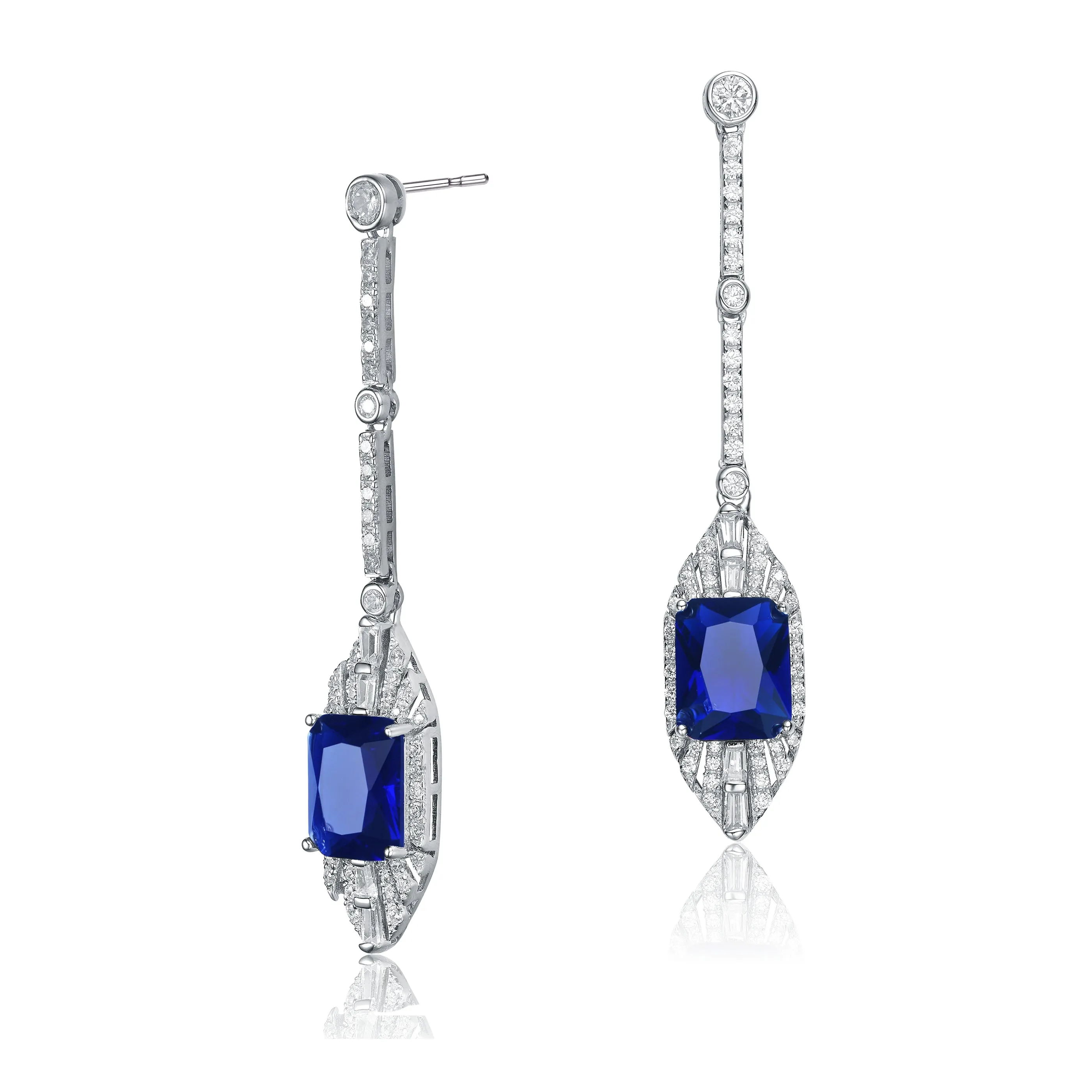 Sterling Silver with Rhodium Plated Sapphire Cubic Zirconia Drop Earrings