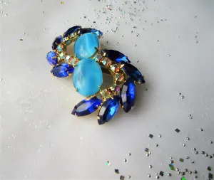 STRIKING Vintage Art Glass  Rhinestone Large Brooch,Gorgeous Faceted Art Glass Stones, Cabochons Pin,Collectible Mid Century Jewelry