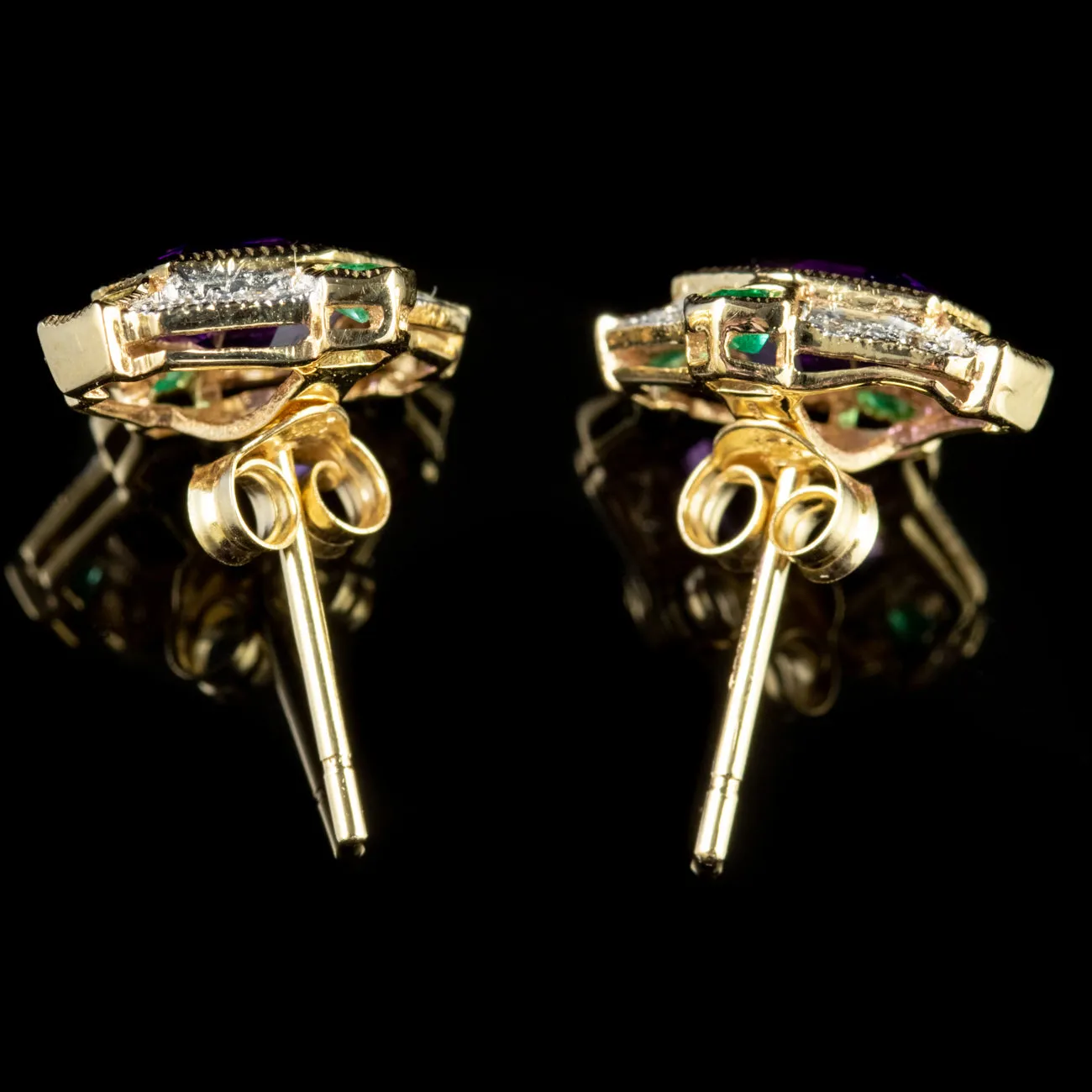 Suffragette Stud Earrings Amethyst Emerald Diamond 9Ct Gold