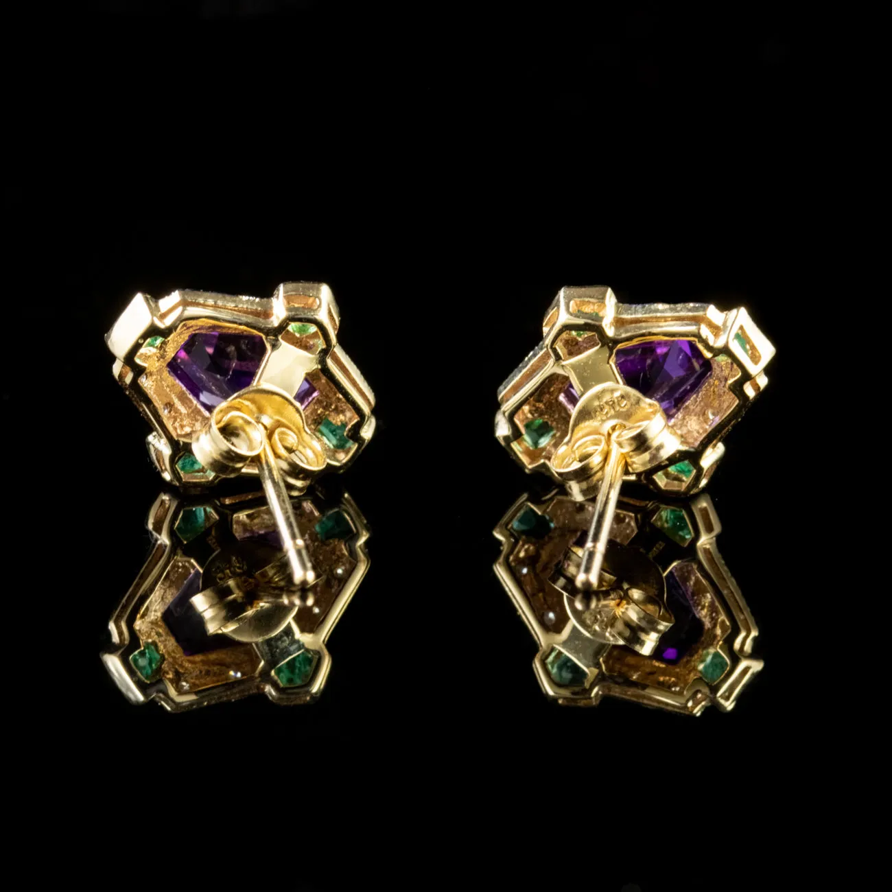 Suffragette Stud Earrings Amethyst Emerald Diamond 9Ct Gold