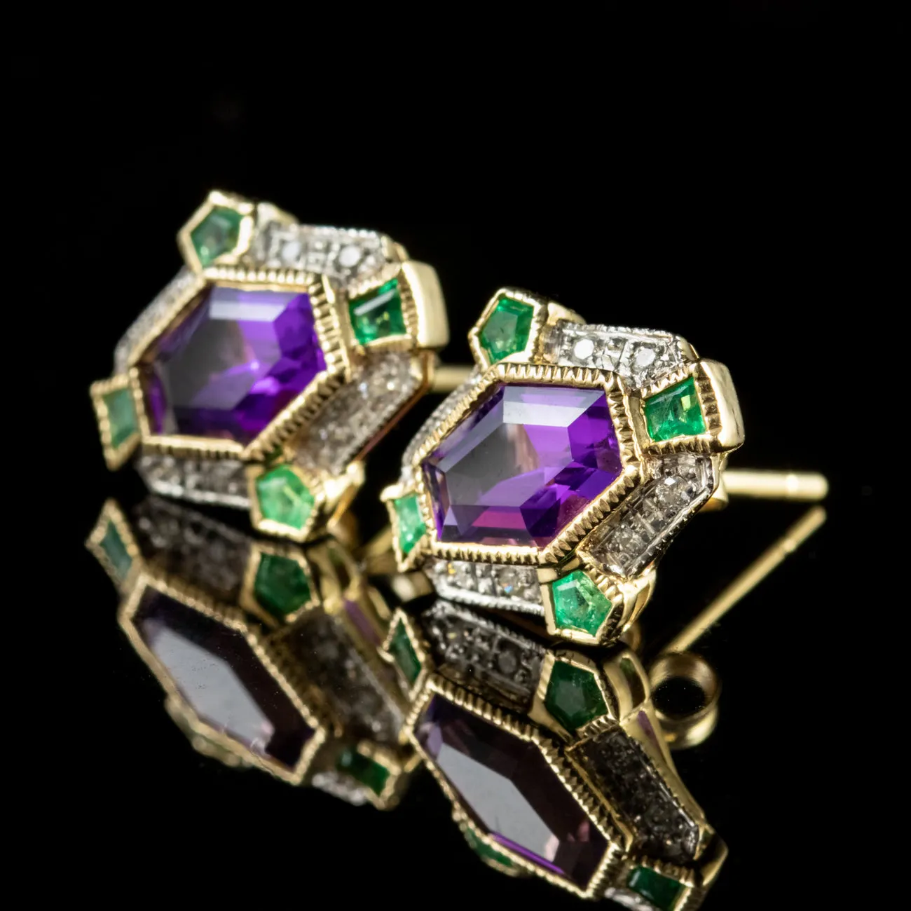 Suffragette Stud Earrings Amethyst Emerald Diamond 9Ct Gold