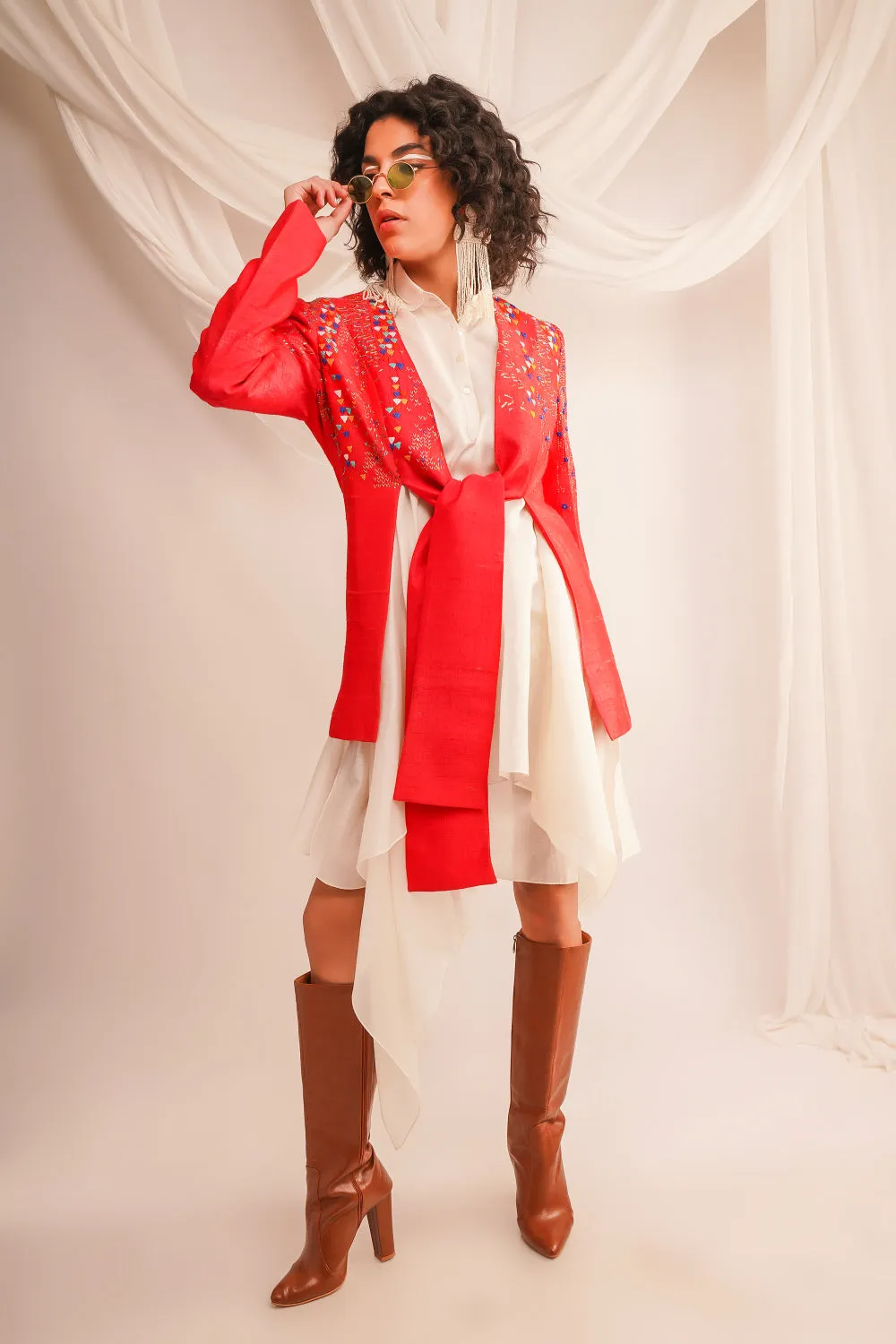 Textured Emroidered Knotted Dupian Jacket With Assymtrical Chanderi Shirt