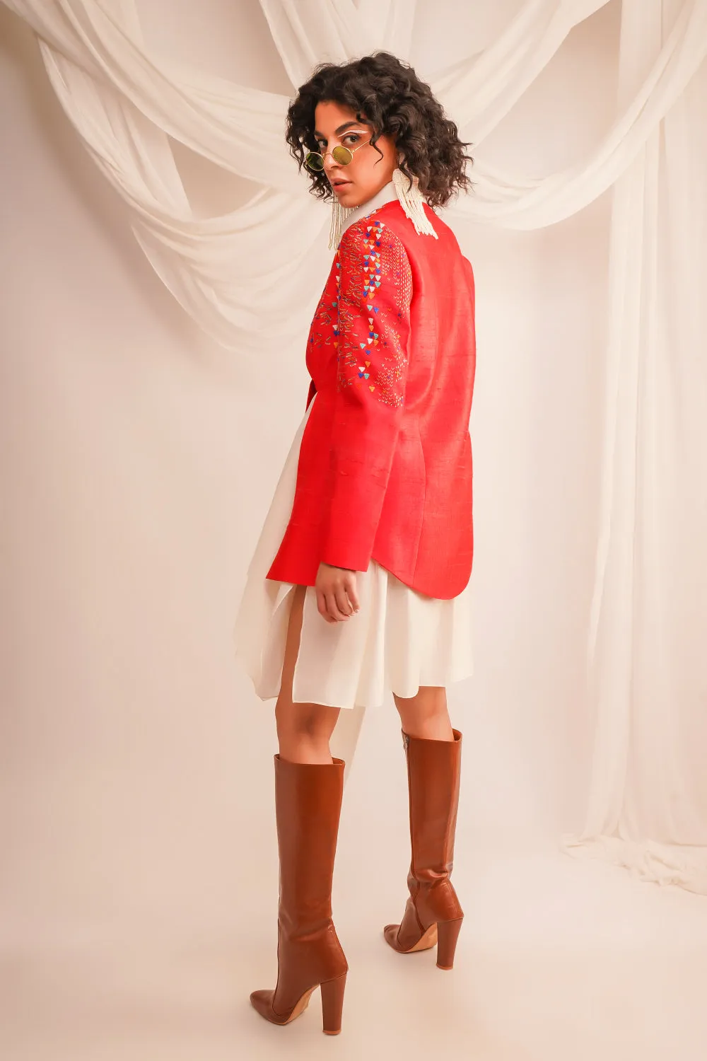 Textured Emroidered Knotted Dupian Jacket With Assymtrical Chanderi Shirt