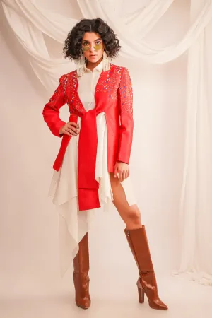 Textured Emroidered Knotted Dupian Jacket With Assymtrical Chanderi Shirt