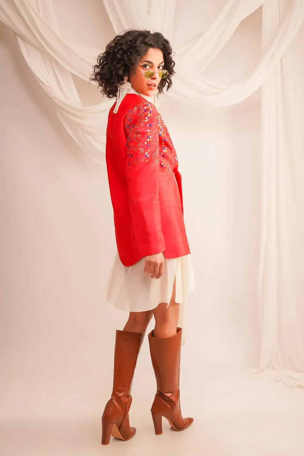 Textured Emroidered Knotted Dupian Jacket With Assymtrical Chanderi Shirt