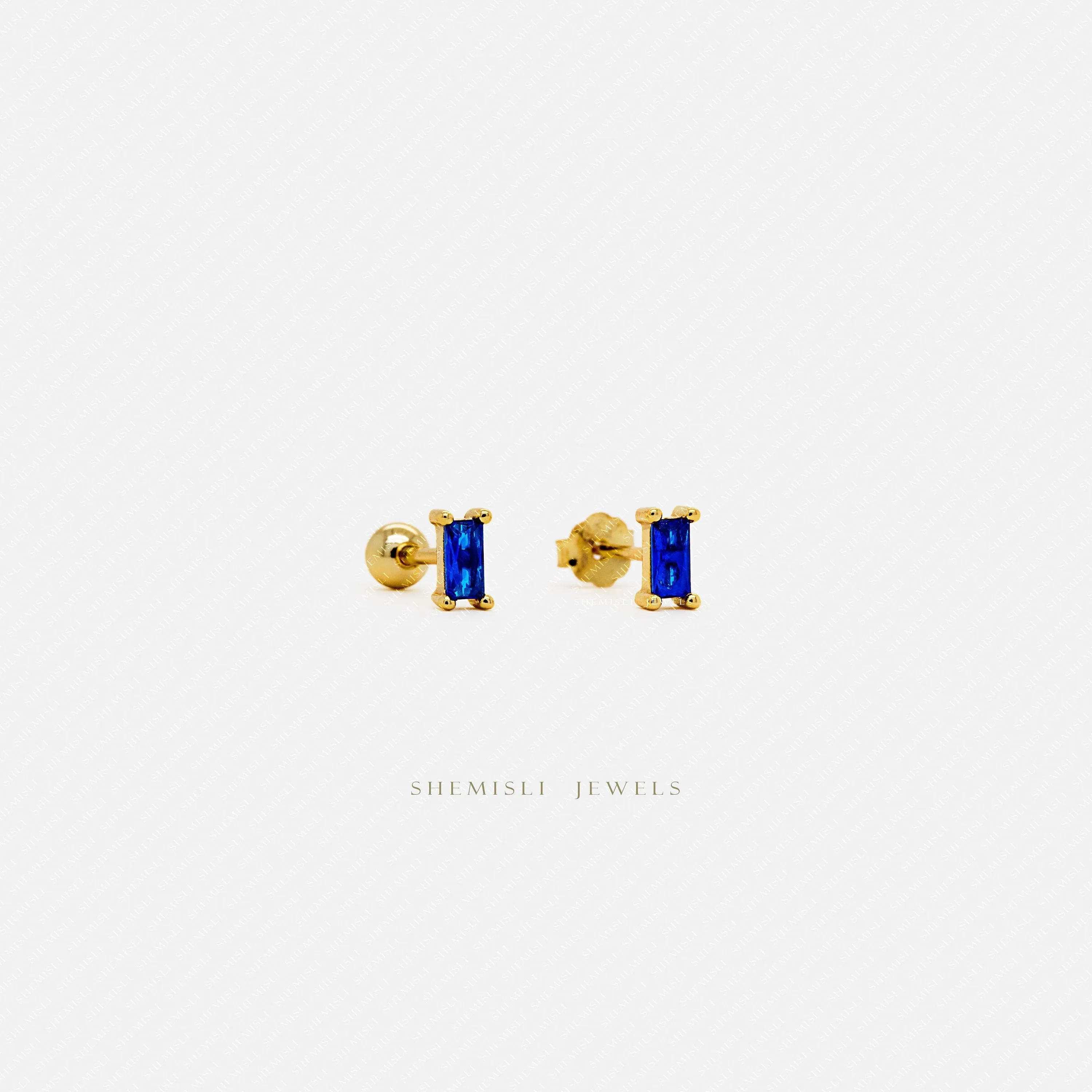 Tiny Sapphire Baguette Stud Earrings, Unisex, Gold, Silver SHEMISLI SS339 Butterfly End, SS457 Screw Ball End (Type A)