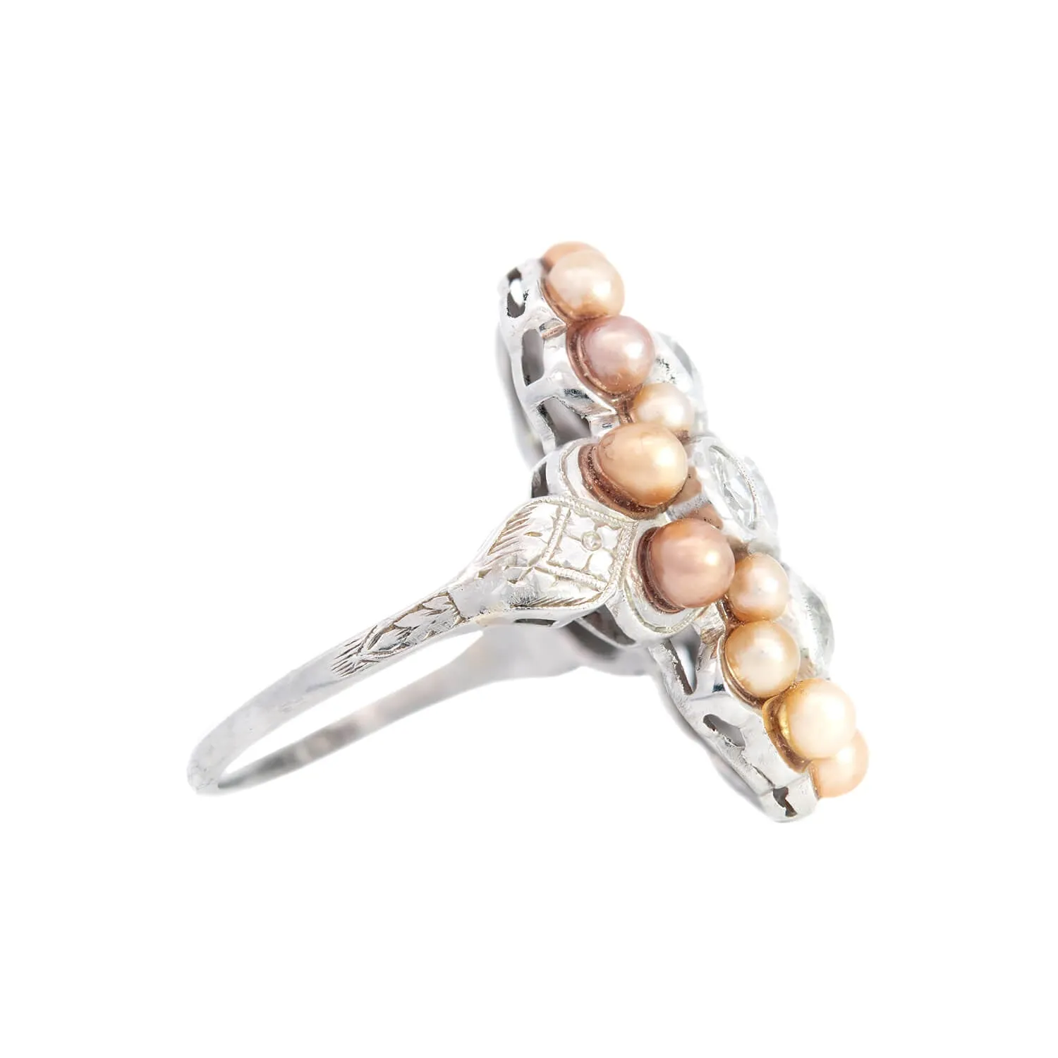 Victorian Platinum Natural Pearl & Diamond Ring 1.50ctw