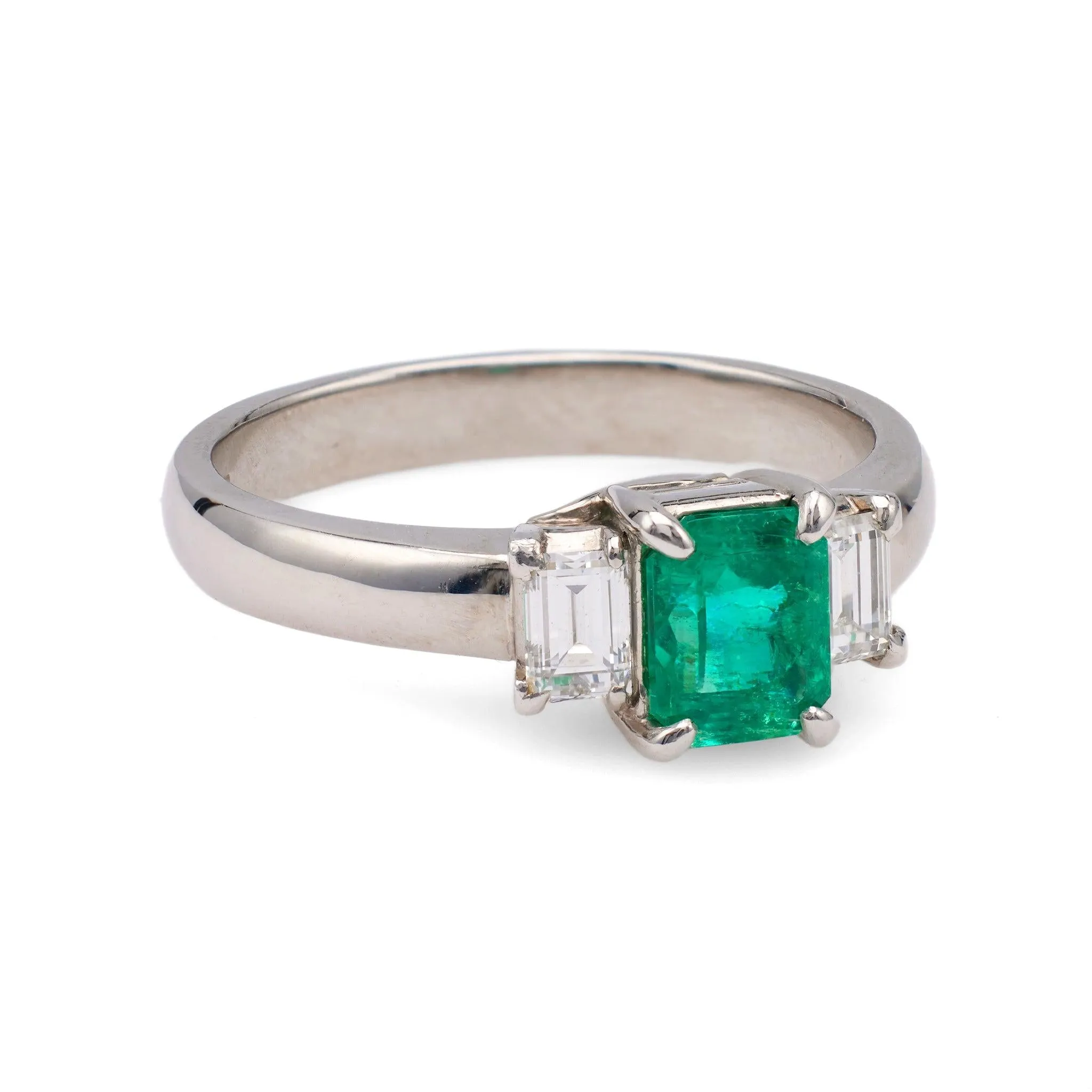 Vintage 0.69 Carat Emerald and Diamond Platinum Three Stone Ring