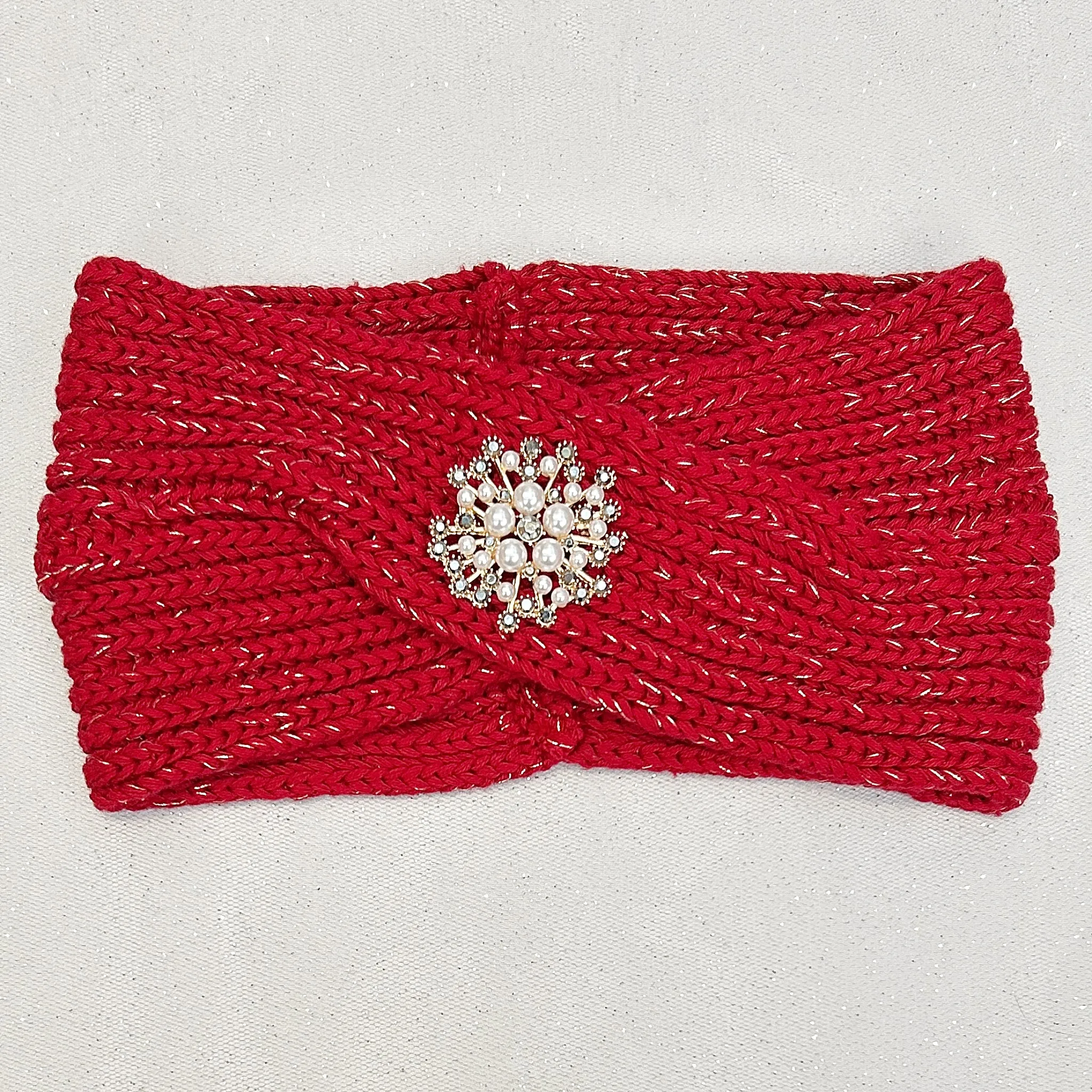 Winter Headband Red with Pearl Brooch in Organic Cotton Lurex Sustainable