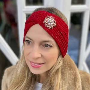 Winter Headband Red with Pearl Brooch in Organic Cotton Lurex Sustainable